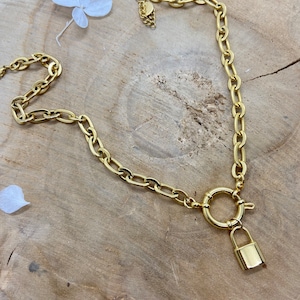 Large gold mesh chain necklace and padlock pendant