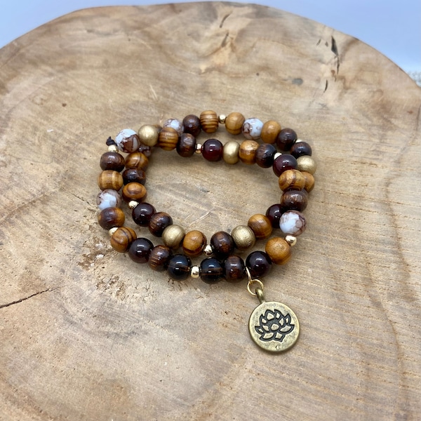 Duo de Bracelets en Bois et Verre Breloques dorées et couleurs d’automne