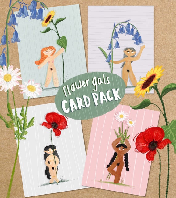 Flower Girl Female Empowerment Greetings Card Multi-Pack - Four Eco Blank Cards for Any Occasion
