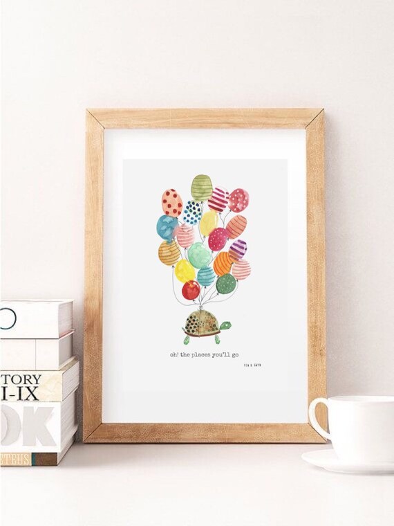 Dr Seuss Inspired Print - Tortoise With Balloons Print - Print of Original Watercolour Illustration - Childrens Artwork