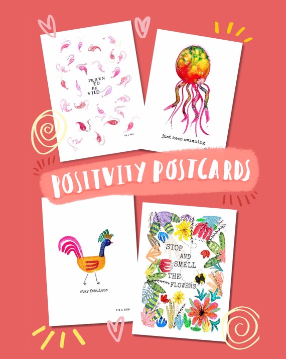 Positivity Postcards - 4 pack of 100% Recycled Postcards with Positive Message for Friends and Family.