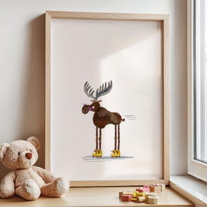 May include: A watercolor illustration of a brown moose wearing yellow roller skates. The moose has large antlers and is depicted with a whimsical expression.