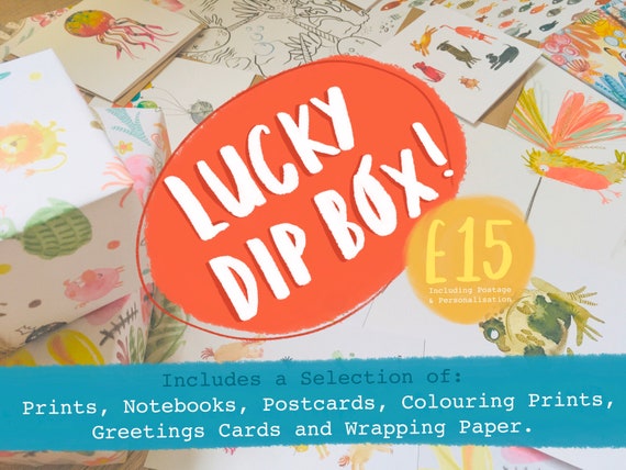 Lucky Dip Box! Colourful selection of Prints, Cards, Postcards, Notebooks and Gift Wrap.