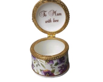 Fenton Bone China Hinged Trinket Box: Purple Pansy Floral Design (Made in UK)