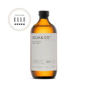 May include: An amber-colored glass bottle of Soja & Co. bubble bath with a black cap and a white label. The label features the text Soja & Co., bubble bath, eucalyptus, mint & rosemary, 98% natural, and made in Quebec. A circular badge reads Tel que vu dans ELLE.