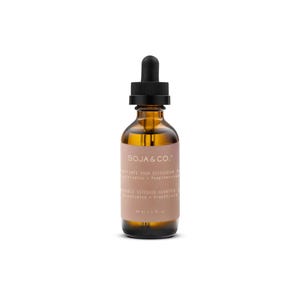 May include: An amber glass dropper bottle with a black cap and a light pink label. The label features the text SOJA & CO. and reads Eucalyptus + Grapefruit, 30 ml / 1 fl oz. The bottle contains a liquid and is designed for use with a diffuser.
