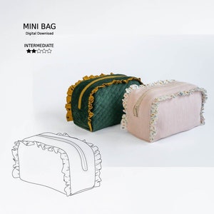 May include: A digital download pattern for a mini bag with a ruffled trim. The pattern is shown with three different fabric options: a green quilted fabric with a gold trim, a pink fabric with a floral print, and a black and white line drawing.