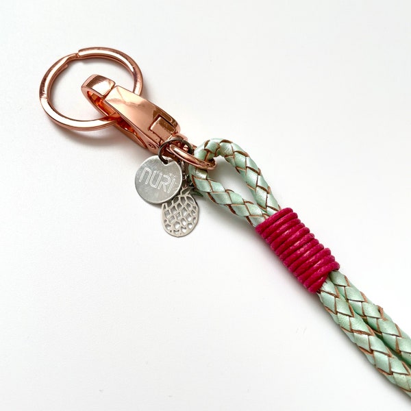 Schlüsselband & Schlüsselanhänger aus echtem Leder  *Mint-Pink*