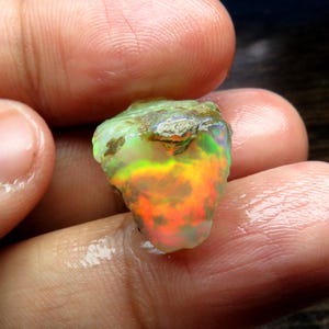 Op de afbeelding: Een ruwe, ongeslepen opaal edelsteen met een levendig kleurenspel met intense flitsen van neonoranje, geel en groen tegen een doorschijnende, melkachtige basis. De steen heeft een onregelmatige, organische vorm met een glanzende, natte textuur.