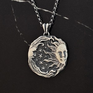 Oxidized Sterling Silver Sun and Moon Necklace: Celestial Medallion