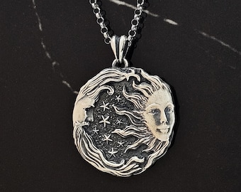 New Moon Sun and Star Necklace, Night Sky Necklace, Celestial Medallion Necklace
