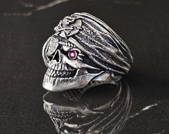 Sterling Silver Pirate Skull Ring: Gothic Biker Jewelry