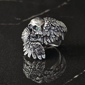 Dark Angel Skull Ring, Skull and Wings Ring, Sterling Silver Skull Ring, Oxidized Wings and Green Gemstone Eyes, Gothic Reaper Ring