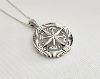 925 Sterling Silver Compass Necklace, North Star Pendant, Compass Necklace for Men, Compass Gift