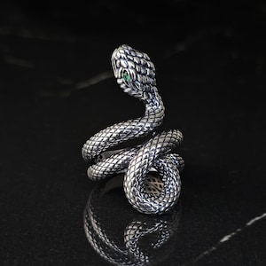 Sterling Silver Cobra Jewelry with Green Eyes, Serpent Ring for Men, Gothic Snake Ring, Detailed Silver Snake Jewelry for Mythology Lovers