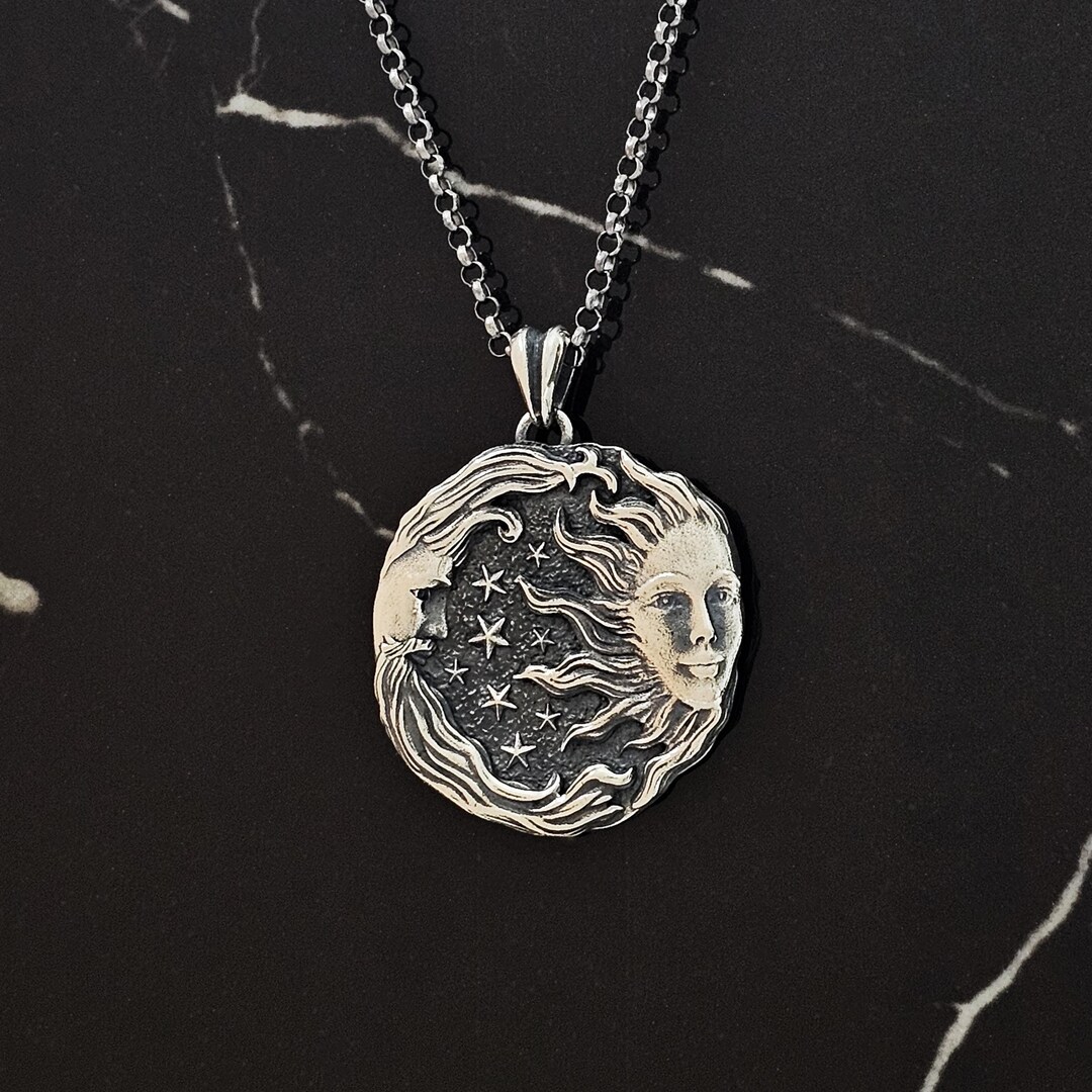 Oxidized Sterling Silver Sun and Moon Necklace: Celestial Medallion - Etsy
