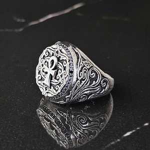 Bague Ankh en argent sterling faite main : clé de vie égyptienne gravée