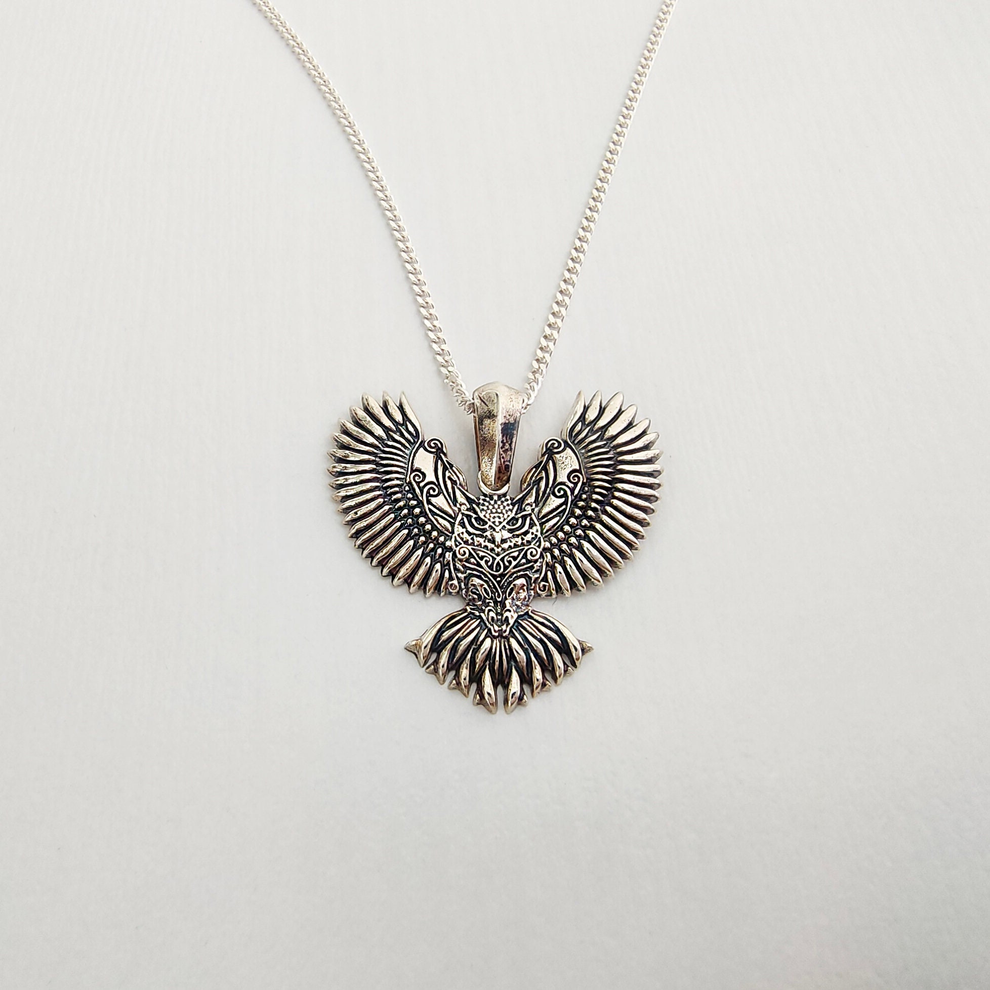 Oxidized Sterling Silver Owl Pendant Necklace - Winged Design