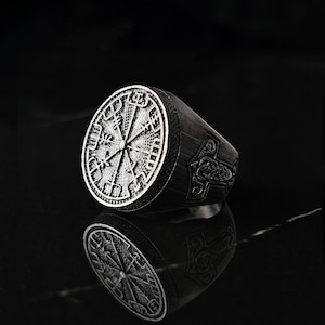 Viking Compass Ring, Viking Vegvisir Amulet Ring, Norse Ring, Mens Vegvisir Ring, Norse Mythology Ring, Norse Compass and Mjölnir Design