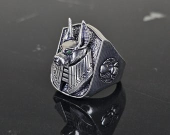 Sterling Silver Anubis Ring: Egyptian God with Green Eyes