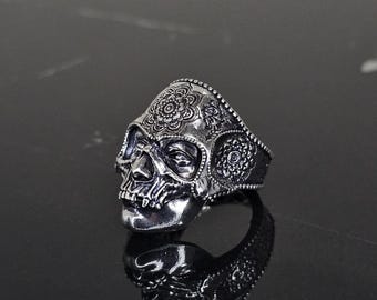 Sterling Silver Sugar Skull Ring: Día de los Muertos, Gothic Biker Jewelry