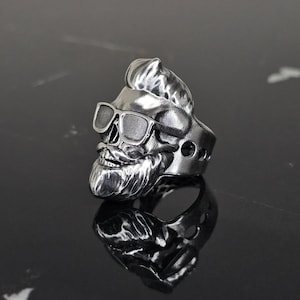 Sterling Silver Bearded Skull Ring: Gothic Biker Sunglasses Ring