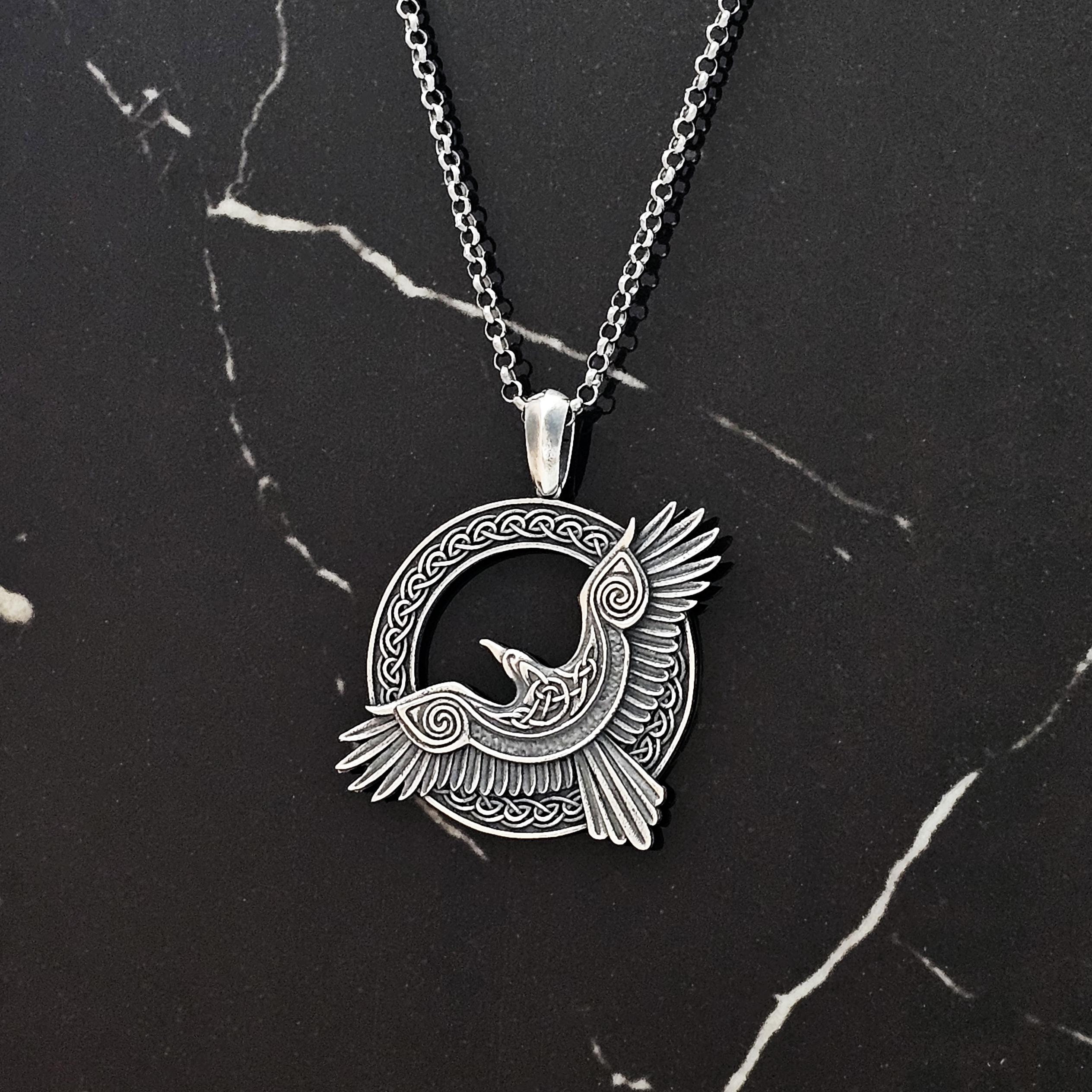 Raven Necklace, Norse Raven Medallion Pendant, Viking Knot Charm, Sterling Silver for Viking Mythology Lovers, Oxidized Silver Raven Jewelry