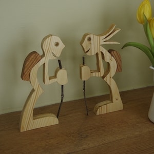 Wanderer Wood Sculpture Pair Backpacker Hiking Couple Outdoor