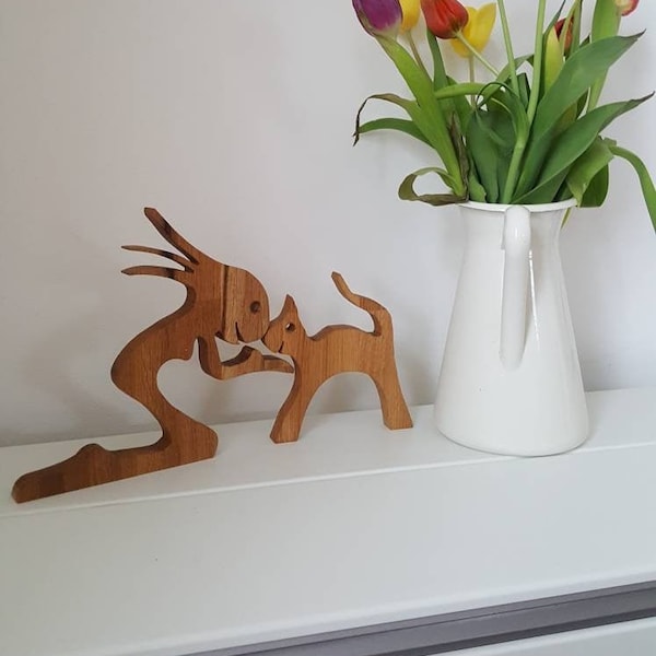 Frau mit Katze Holzfiguren, Skulptur zur Dekoration für Katzenliebhaber, Fichte und Eiche, Individualisierbar, Verschiedene Varianten mögl.