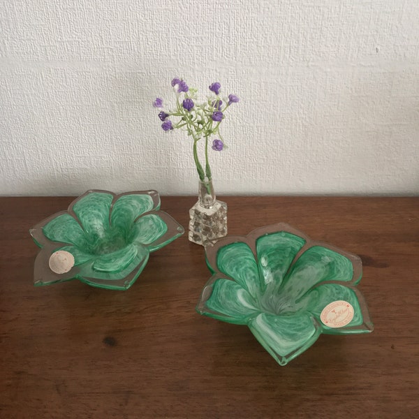 Verrerie de Murano, bougeoir / porte-bougie votive fleur verte, verre artistique soufflé à la main, Italie