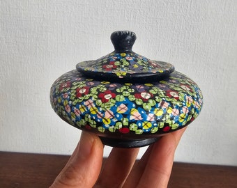 Vintage Moroccan Hand Painted terracotta Box Jewelry /Knick Knacks / Candy Pot Decorative Lidded small Pot