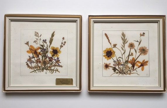Pair of Vintage EAST GERMANY Dried Pressed Flowers Foliage in Wood Frames