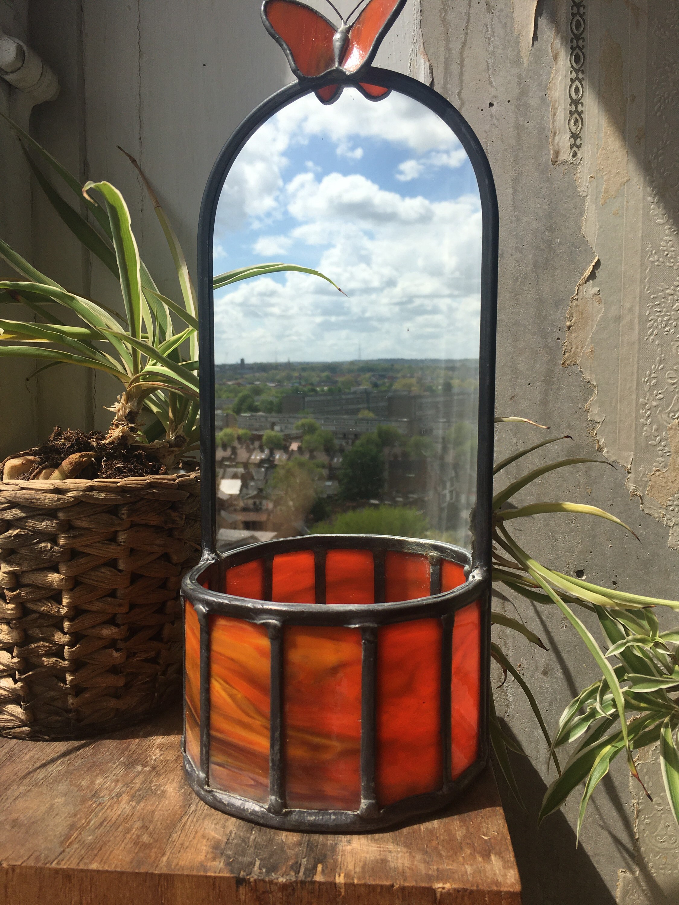 Vintage Stained Glass Planter With Butterfly and Mirror. Etsy