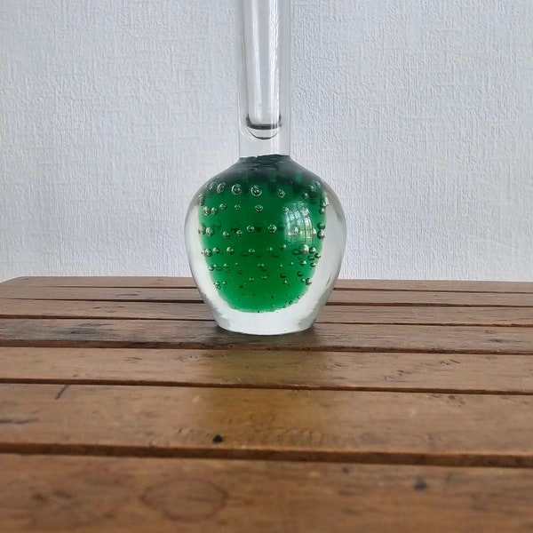 60's Collectible Controlled Bubble Design Single Stem  Glass Vase - Small Vintage Green and clear glass Vase Bud Vase Hand Blown Glass Vase.