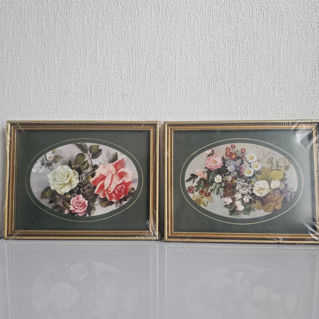 2 Vintage Gold Framed Floral Prints, Roses Kitsch Retro Wild Flowers, A