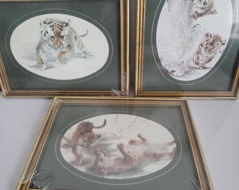 Vintage Wood Framed Lion Cubs Prints Ralph Thompson,  A Royle Miniature.