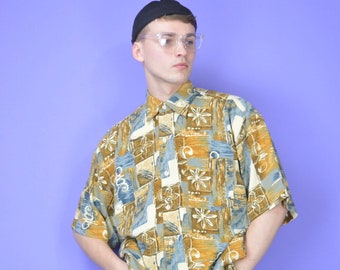 Vintage brown graphic short sleeve festival shirt {K42}