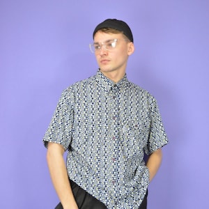 Vintage blue graphic abstract print short sleeve shirt {K170}