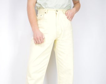 Vintage light yellow classic straight cotton suit trousers {389}