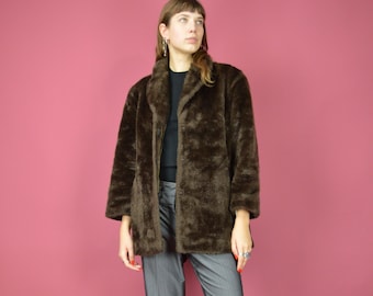 Vintage brown classic 80's faux fur coat jacket {W714}