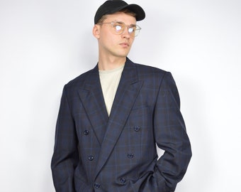 Vintage dark blue checkered classic 80's wool suit blazer {178}