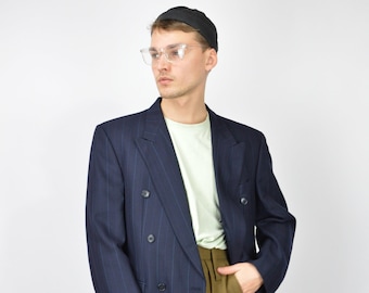 Vintage dark blue classic striped wool suit blazer {181}