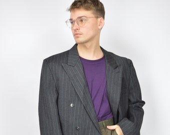 Vintage dark grey striped classic 80's wool suit blazer {103}