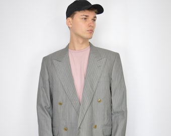 Vintage grey striped classic 80's wool suit blazer {115}