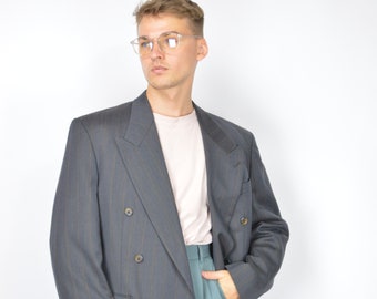 Vintage grey striped 80's double breasted suit blazer {191}