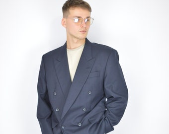 Vintage dark blue classic 80's wool suit blazer {96}
