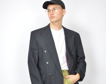 Vintage black striped classic 80's wool suit blazer {80}