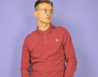 Vintage red classic FILA long sleeve cotton polo shirt {P141}