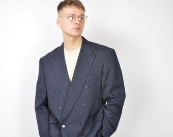 Vintage dark blue striped classic 80's wool suit blazer {9}