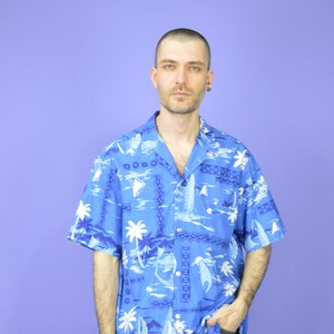 Vintage blue Hawaiian print short sleeve shirt {K373}